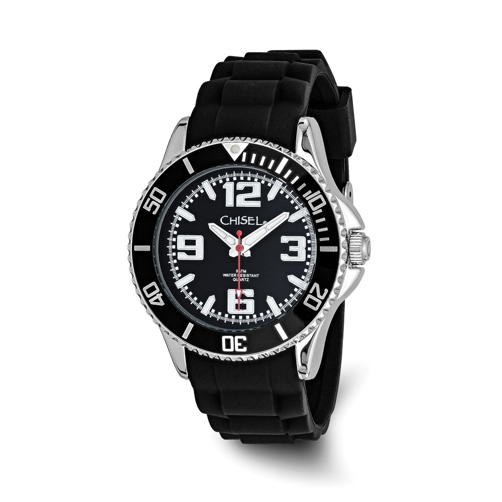 Mens Chisel 44mm Black Silicone Strap Wrist Watch, 8.75 Inch Length